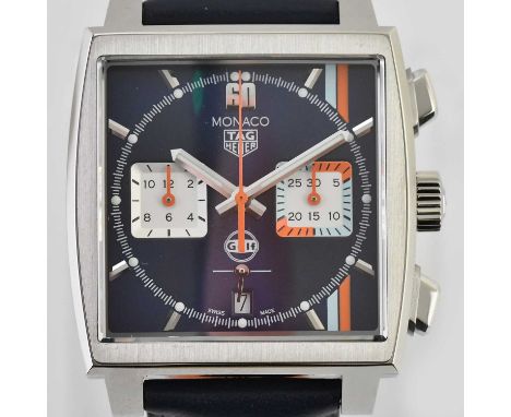 Standard VAT TAG HEUER; a special edition Monaco Gulf, with date aperture and twin subsidiary dials to the main blue dial, wi