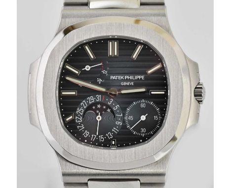 Standard VAT PATEK PHILIPPE; a gentleman's stainless steel Nautilus Moonphase wristwatch, with three subsidiary dials to the 