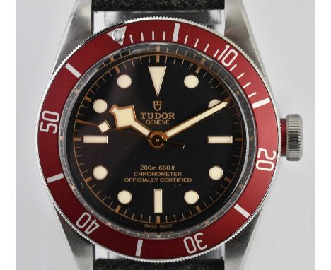 Standard VAT TUDOR; a gentleman's stainless steel Heritage Black Bay wristwatch with black dial, red bezel, baton markers, th