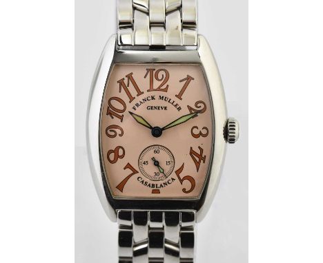 Standard VAT FRANCK MULLER; a stainless steel 'Casablanca' automatic wristwatch, with tonneau shaped case, pink dial set with