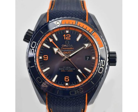 Standard VAT OMEGA; a gentleman's Seamaster Professional GMT Planet Ocean wristwatch with blue dial, date aperture, blue/oran