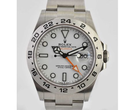 Standard VAT ROLEX; a gentleman's stainless steel Oyster Perpetual Date 'Explorer II' with white dial, Oyster bracelet, Rolex