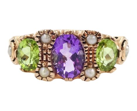 9ct rose gold three stone oval cut peridot and amethyst ring, with pearl accents set between and pearl set shoulders, London 