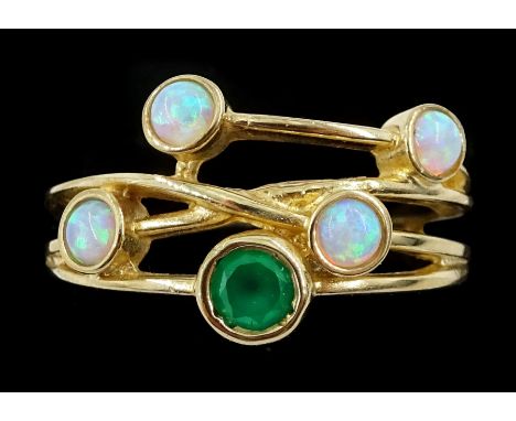 9ct gold opal and emerald ring, hallmarkedCondition Report:Approx 3.4gm, size O-P, max depth = 12.5mm