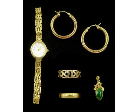 Gold green enamel and diamond pendant and a gold wedding band, both 18ct, gold Celtic design ring, pair of hoop earrings and 