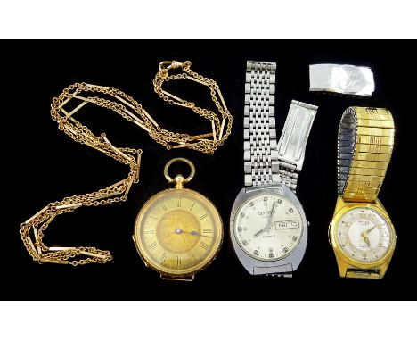19th / early 20th century 14ct gold open face cylinder pocket watch, gilt dial with Roman numerals, stamped 14K, gold-plated 