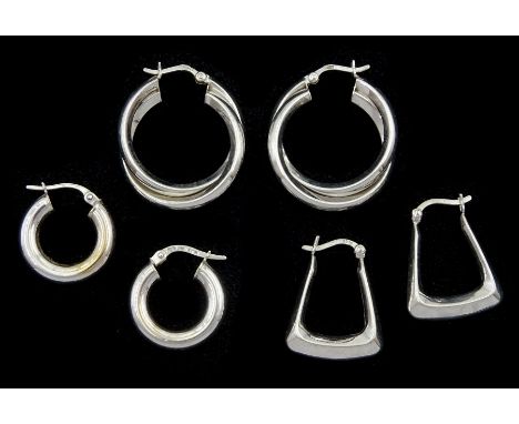 Three pairs of 9ct white gold hoop earrings, stamped or hallmarkedCondition Report:Approx 6gm, with light scratches otherwise