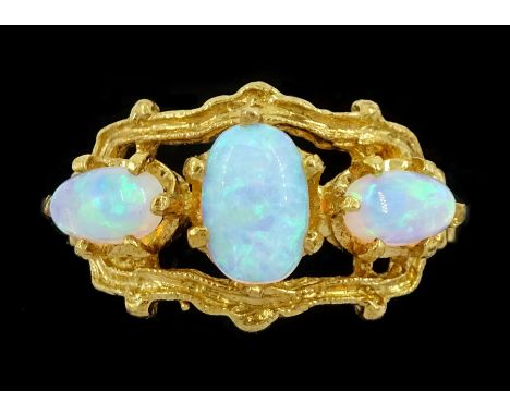 Silver-gilt three stone opal ring, stampedCondition Report:Size M