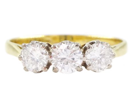 18ct gold three stone round brilliant cut diamond ring, total diamond weight approx 1.00 caratCondition Report:Approx 3.05gm,