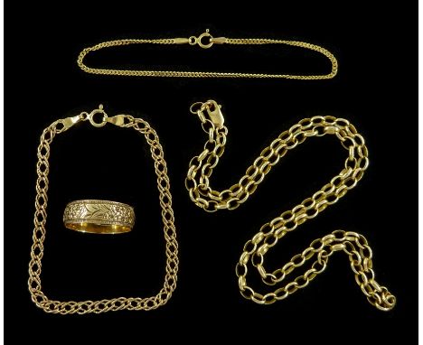 Gold band, with engraved foliate decoration, gold cable link chin necklace and two gold bracelets, all 9ctCondition Report:Ap