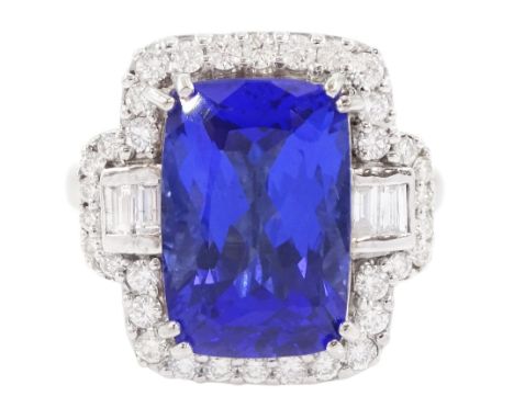 18ct white gold tanzanite, baguette and round brilliant cut diamond cluster ring, stamped 750, tanzanite approx 6.15 carat, t