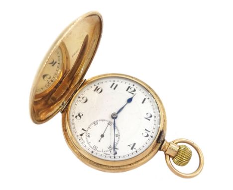 Early 20th century 9ct gold full hunter crown wind lever pocket watch white enamel dial with Arabic numerals and subsidiary s