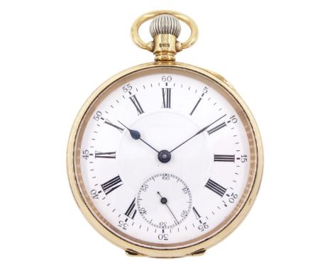 Early 20th century 9ct gold open face crown wind lever pocket watch, white enamel dial with Roman numerals, outer Arabic minu