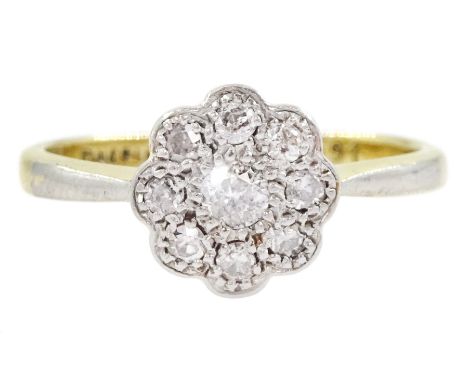 Early - mid 20th century milgrain set transitional cut diamond daisy cluster ring, stamped 18ct Fine Plat, total diamond weig