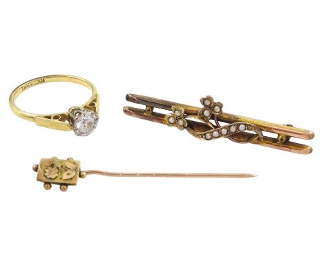 Gold single white stone ring, stamped 18ct, gold pin and pearl floral brooch, both 9ctCondition Report:18ct approx 2.95gm, si