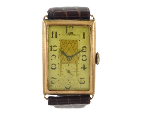 Art Deco 9ct gold gentleman's rectangular manual wind wristwatch, silvered dial with Arabic numerals, central gilt abstract p