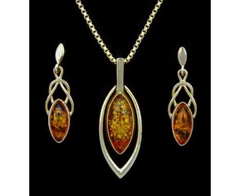 Gold marquise amber shaped pendant, on box link chain necklace and a pair of gold marquise shaped amber Celtic design pendant