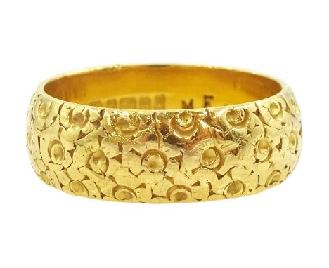 22ct gold ring, with engraved floral decoration, Birmingham 1971Condition Report:Approx 6.7gm, size J-K, depth = 6.2mm, good 