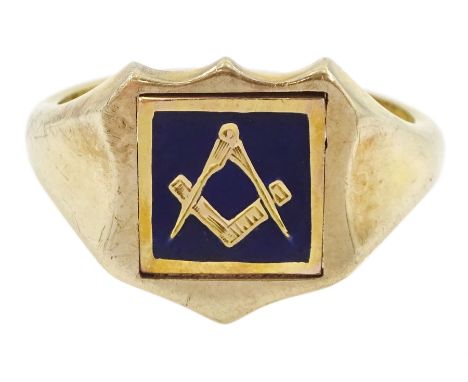 9ct gold blue enamel Masonic swivel ring, the reverse inscribed 'JB', Birmingham 1987 Condition Report:Approx 6.35gm, size O-