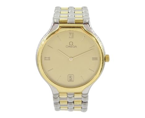 Omega gentleman's gold and stainless steel quartz wristwatch, Cal. 1441, champagne dial with baton and Roman hour markers and