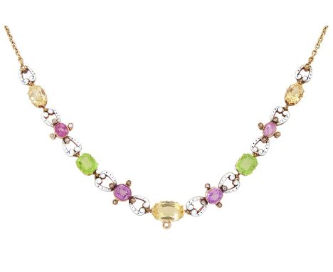 Early 20th century 15ct gold gold orange / yellow / peach topaz, pink tourmaline, pink sapphire peridot and diamond necklace,