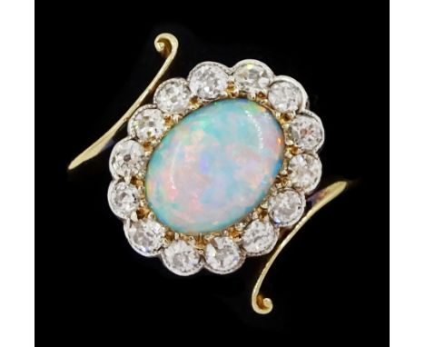 Early 20th century gold opal and milgrain set old cut diamond cluster ring, with twist scroll shoulders, stamped 18ct, total 