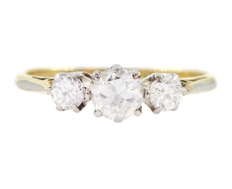 Early - mid 20th century three stone old cut and transitional cut diamond ring, stamped 18ct Plat, total diamond weight appro