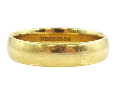 18ct gold wedding band, London 1988Condition Report:Approx 6.8gm, size T-U, depth = 5mm, some light scratches otherwise good 