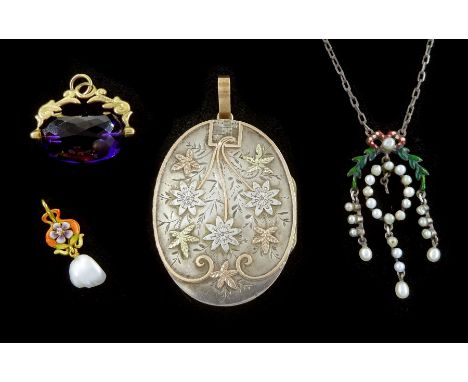 Gold white sapphire and enamel floral design pendant, suspending a single pearl, Victorian silver presentation locket, with a