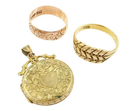 Gold keepers ring, stamped 18ct, rose gold band, with floral decoration and a later gold locket pendantCondition Report:9ct a