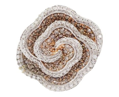 White gold round brilliant cut white and fancy light brown colour diamond rose swirl ring, hallmarked 9ct, total diamond weig