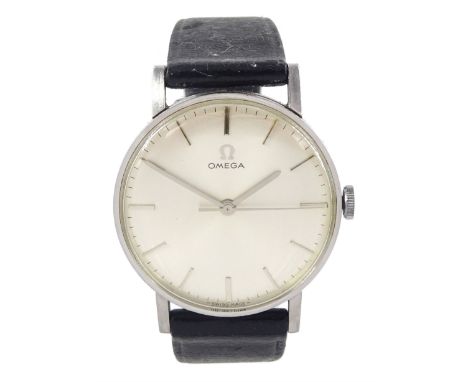 Omega gentleman's stainless steel manual wind wristwatch, silvered dial with baton hour markers, on black leather strap Condi