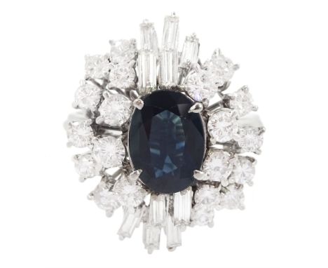 18ct white gold oval cut sapphire, baguette cut and round brilliant cut diamond cluster ring, sapphire approx 1.70 carat, tot
