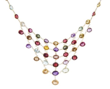 14ct gold multi gemstone set fringe necklace, including amethyst, topaz and garnetCondition Report:Approx 13.8gm, length = 40