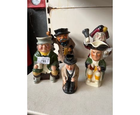 Three toby jugs by Sylvac, Tony Wood, and a small Winston Churchill by Royal Doulton (small chip to brim of hat0; Also 2 Roy 