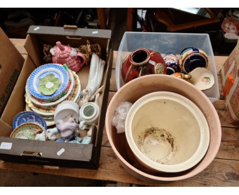 Two boxes of ceramics and collectables including figurines, plates, pressed horn tray, vases, glassware, teapot, jug etc and 