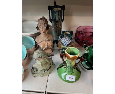Various ceramic items including Jugenstil vase, New Moravian pottery made in Austria, 2 vintage busts including one titled No