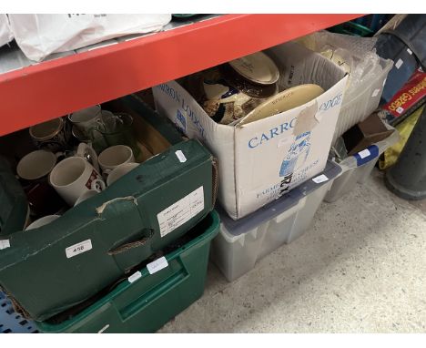 Six boxes of mixed ceramics and glass including kitchen ware, stainless steel items, decorative plates, cutlery, glass light 