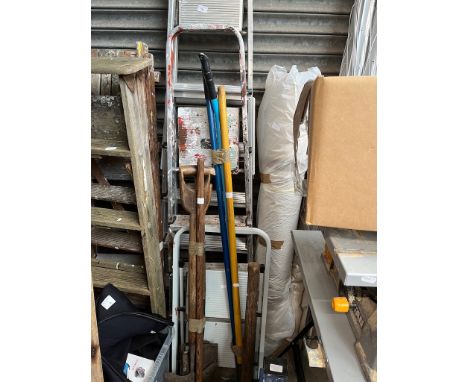 Three sets of ladders,  (two Aluminium), and two bundles of garden tools 