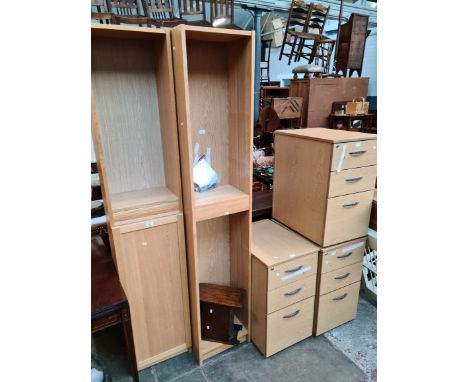 Various items of light wood effect furniture; oak veneered corner unit/bookcase, filing drawers, oak magazine rack etc.