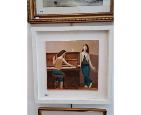 David Eustace (b1950), "Metronome", oil &amp; acrylic on board, 31cm x 30cm, signed, labelled verso, white box frame 45.5cm x