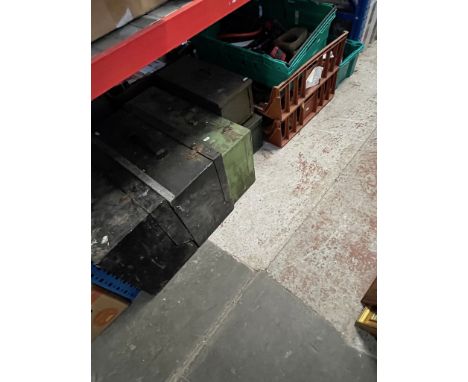 3 crates, a box, 2 metal toolboxes, and 3 joiners boxes with tools 