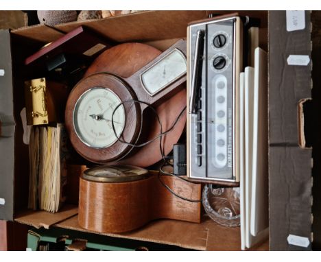 A mixed lot containing clocks, a barometer, Robert's radio, Brook Bond collector's cards, Royal Worcester decorative tiles et