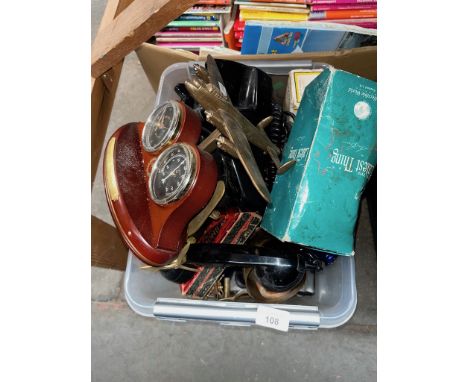 A box of assorted items including model planes, telephone, met etcalware, Harmonica, glassware 