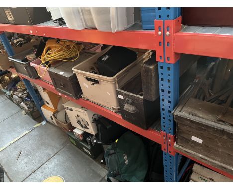 3 boxes + 3 wooden boxes of various tools to include electric chainsaw, garage items, saws, woodworking tools, etc.
