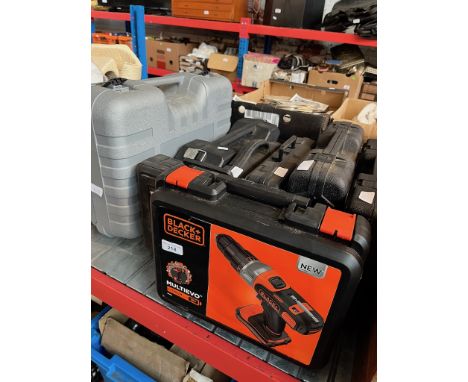 A selection of caesd power tools; A Black &amp; Decker Cordless Multievo Drill, Two Rotary toolkits, Multi purpose tool, Scre