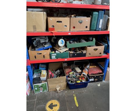 14 boxes and various cases of tools, power tools including Makita, Bosch, table sander / buffer / grinder, compound mitre saw