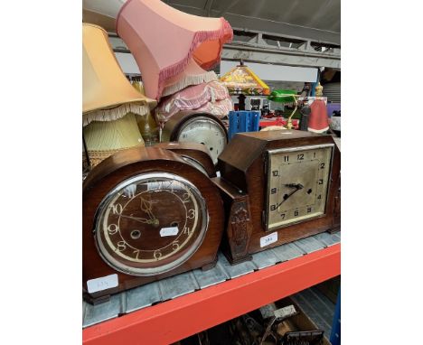 4 mantel clocks.The Art Deco style clock has no glass, fingers present, currently not working, the other 3 have fingers prese