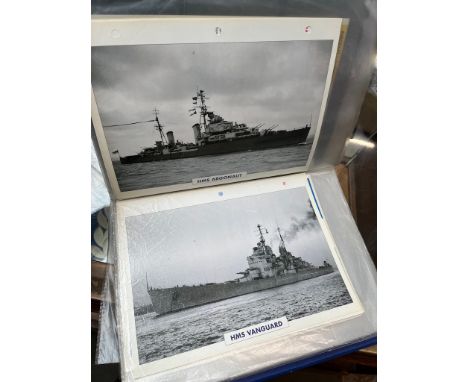 A file of vintage photograph cards, sport collectable cards and battle ship photographs 