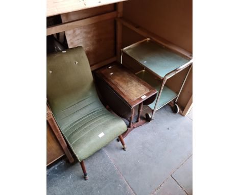 A retro bedroom chair, vintage trolley and a drop leaf table. 